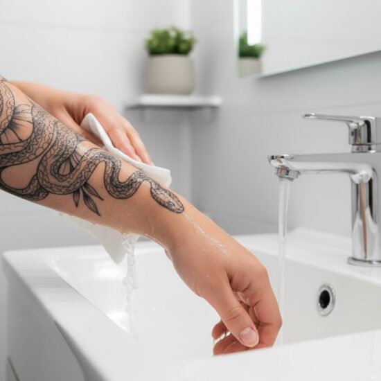 Osoba delikatnie przemywa świeży tatuaż na przedramieniu pod bieżącą wodą