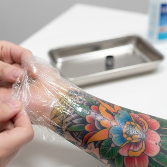 Zbliżenie na proces zdejmowania przezroczystej folii z tatuażu.