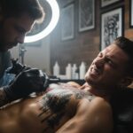 Zdjęcie osoby tatuowanej na klatce piersiowej zaciiskającej zęby, ale w estetycznym ujęciu