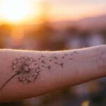 Artystyczne ujęcie TATUARZU dmuchawca na wietrze, z którego odrywają się nasiona.