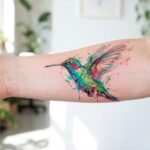 Artystyczne ujęcie tatuażu kolibra w ruchu, wykonanego w stylu akwareli