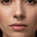 Artystyczne zbliżenie na twarz (profil lub en face) z widocznym kolczykiem typu Septum (kółeczko w przegrodzie) oraz Nostril (drobny kryształek na skrzydełku).