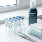 Estetyczna kompozycja na czystym blacie ampułki z solą fizjologiczną, spray do piercingu