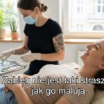 Kobieta leży na fotelu w gabinecie piercingu, jest zrelaksowana, uśmiecha się. Piercerka w tle przygotowuje stanowisko.