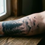 Męskie przedramię z tatuażem lasu w stylu Blackwork