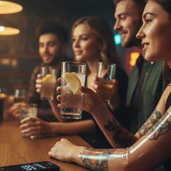 Młoda osoba w barze lub na imprezie, trzymająca szklankę z wodą