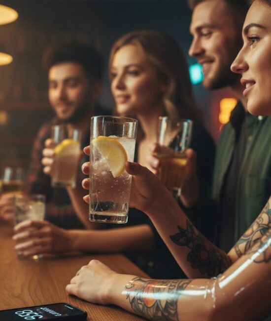 Młoda osoba w barze lub na imprezie, trzymająca szklankę z wodą