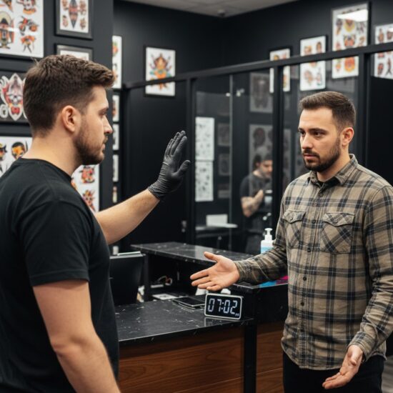 Poważna rozmowa w studiu tatuażu.