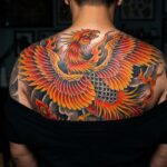 Spektakularny tatuaż feniksa zajmujący całe plecy.