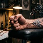 Dłoń tatuatora w czarnej rękawiczce pracującą maszynką