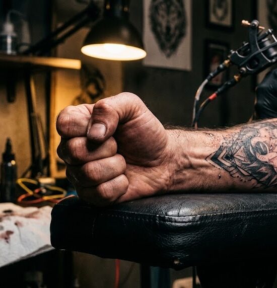 Dłoń tatuatora w czarnej rękawiczce pracującą maszynką