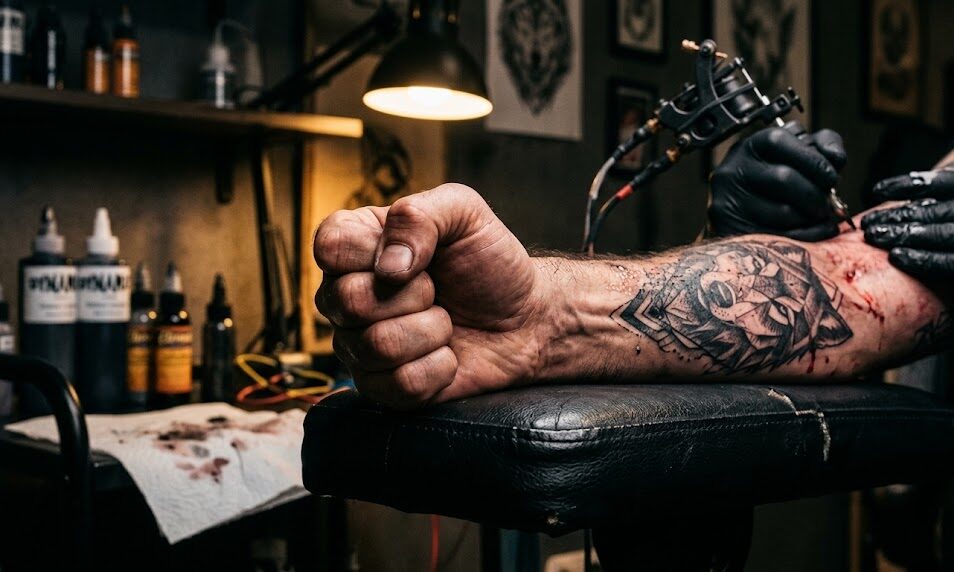 Dłoń tatuatora w czarnej rękawiczce pracującą maszynką