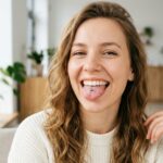 Estetyczny kadr przedstawiający uśmiechniętą osobę, która delikatnie pokazuje wygojony kolczyk w języku