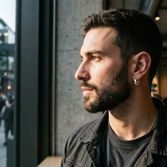 Estetyczny, nowoczesny kadr profilu mężczyzny z kolczykiem w lewym uchu.