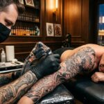 Kadr pokazujący artystę w trakcie pracy nad dużym, imponującym rękawem