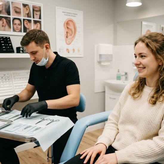 Kadr pokazujący uśmiechniętą klientkę siedzącą na fotelu w studiu piercingu tuż przed zabiegiem