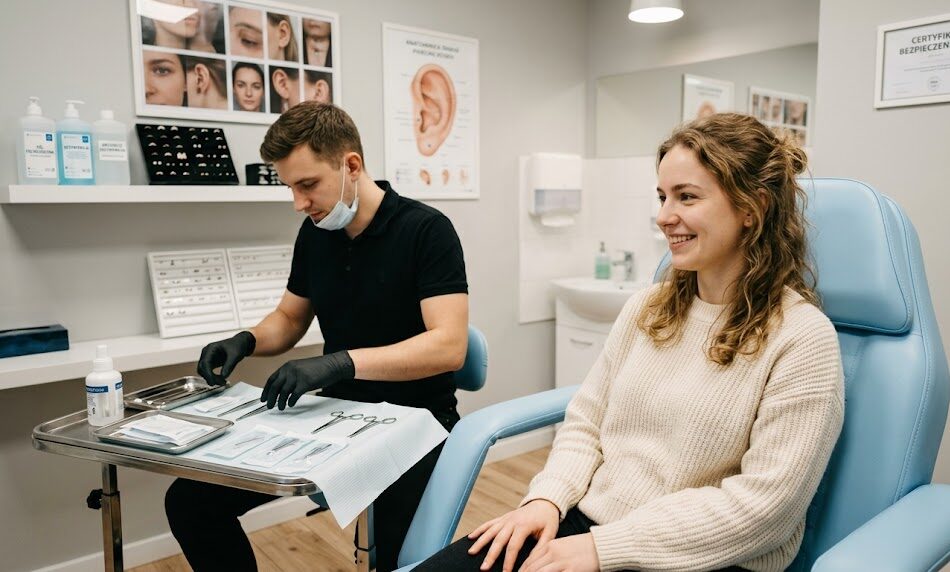 Kadr pokazujący uśmiechniętą klientkę siedzącą na fotelu w studiu piercingu tuż przed zabiegiem