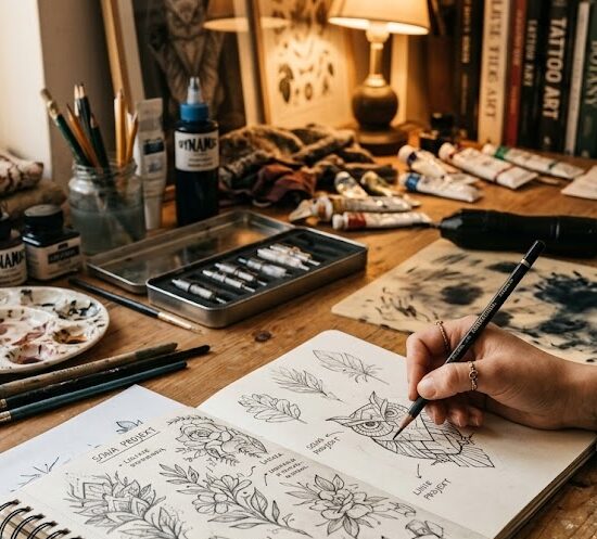 Kadr pokazujący zabałaganione, ale artystyczne biurko.