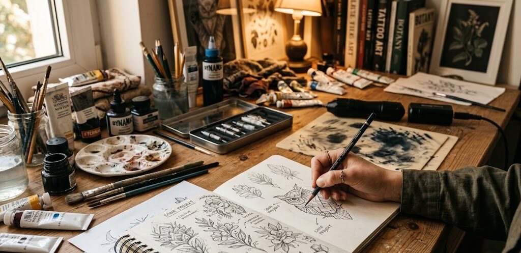 Kadr pokazujący zabałaganione, ale artystyczne biurko.