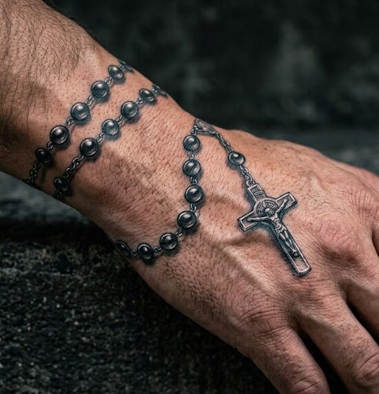 Detal na dłoń i nadgarstek mężczyzny, wokół których owinięty jest starannie wykonany tatuaż różańca w stylu realistycznym