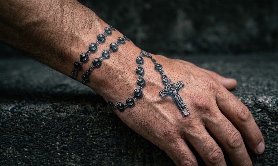 Detal na dłoń i nadgarstek mężczyzny, wokół których owinięty jest starannie wykonany tatuaż różańca w stylu realistycznym