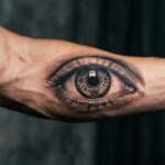 Detal na przedramię, gdzie znajduje się hiperrealistyczny tatuaż ludzkiego oka