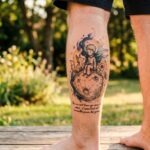 Kadr na łydkę, na której widnieje tatuaż przedstawiający Małego Księcia siedzącego na planecie (B 612) obok Lisa