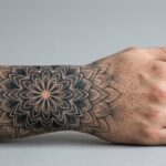 Kadr na przedramię lub dłoń, na której widnieje duża, niezwykle precyzyjna mandala wykonana w technice Dotwork i Fineline.
