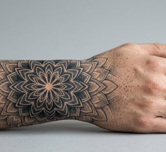 Kadr na przedramię lub dłoń, na której widnieje duża, niezwykle precyzyjna mandala wykonana w technice Dotwork i Fineline.