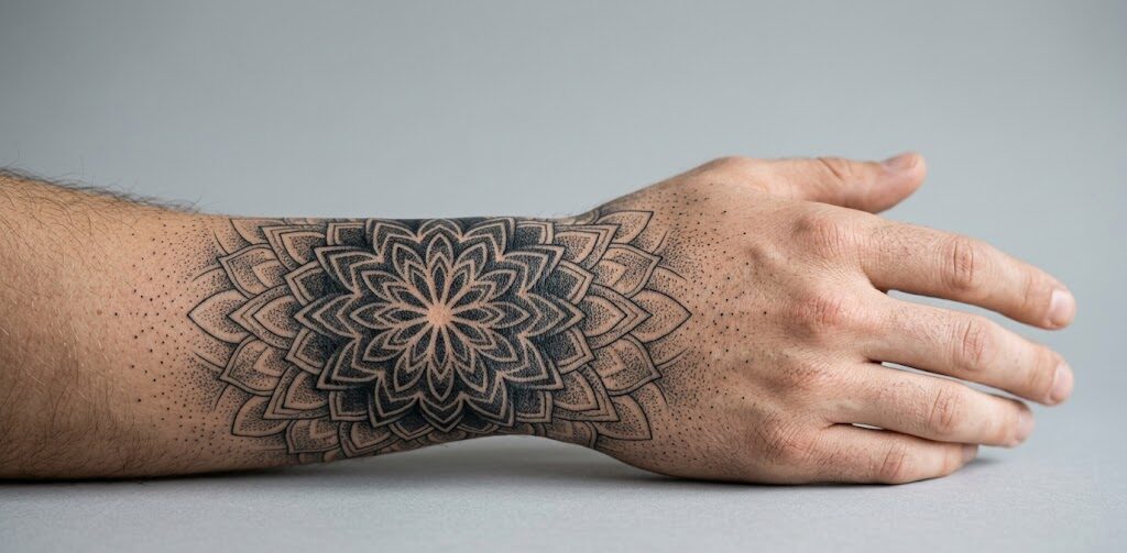 Kadr na przedramię lub dłoń, na której widnieje duża, niezwykle precyzyjna mandala wykonana w technice Dotwork i Fineline.