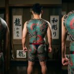 Kadr pokazujący potężny, wielkoformatowy tatuaż japońskiego smoka (Ryu)