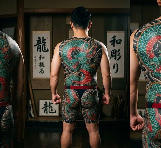 Kadr pokazujący potężny, wielkoformatowy tatuaż japońskiego smoka (Ryu)