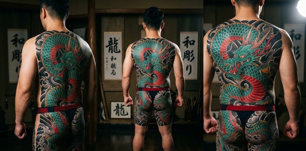 Kadr pokazujący potężny, wielkoformatowy tatuaż japońskiego smoka (Ryu)