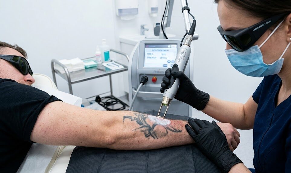 Kadr z gabinetu zabiegowego, skupiający się na głowicy nowoczesnego lasera pikosekundowego skierowanej na przedramię z wyblakłym, czarnym tatuażem.