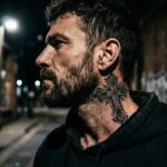 Na bocznej części szyi widnieje mocny, czarny tatuaż krzyża w stylu Blackwork