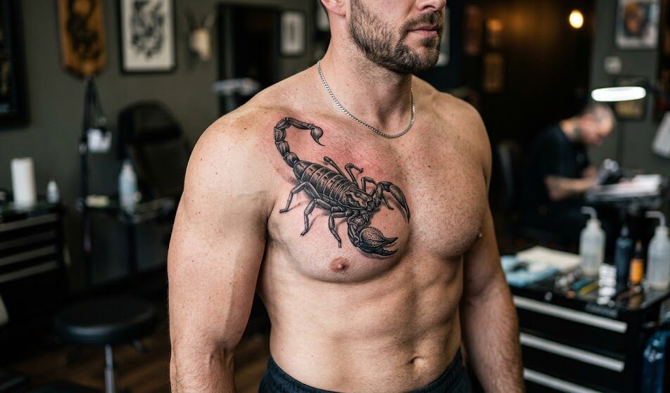 Realistyczny tatuaż skorpiona na piersi