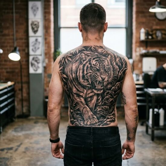 Realistyczny tatuaż tygrys na całych męskich plecach.