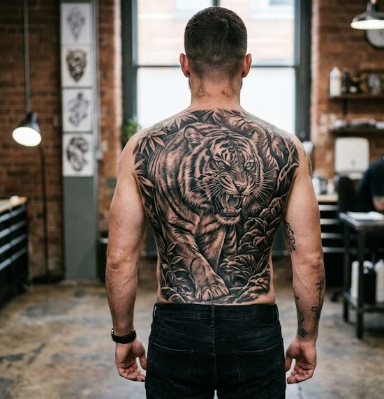 Realistyczny tatuaż tygrys na całych męskich plecach.
