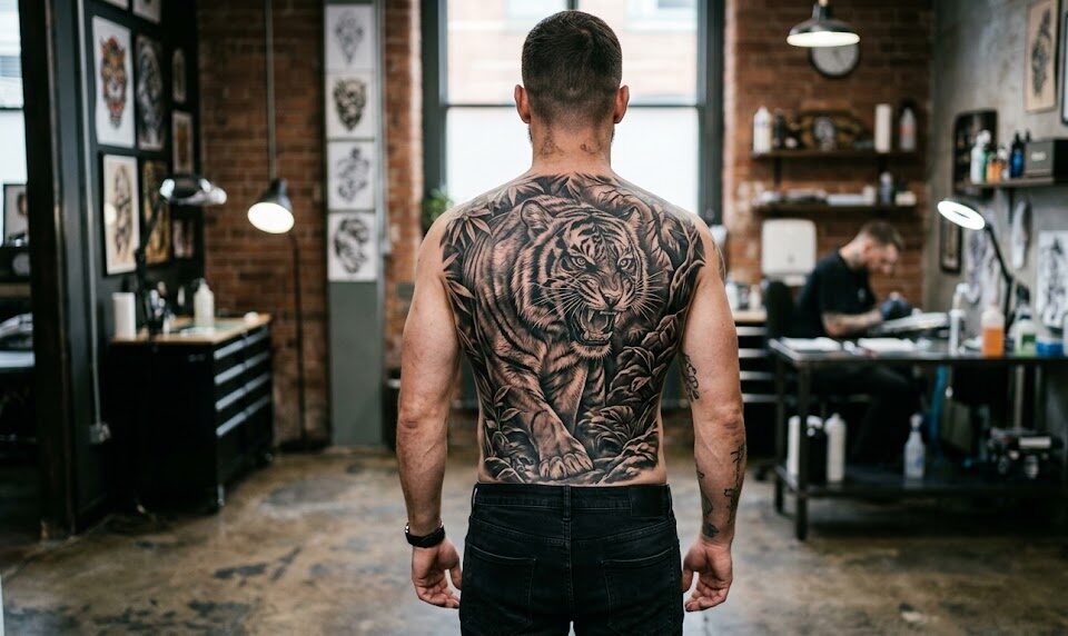 Realistyczny tatuaż tygrys na całych męskich plecach.