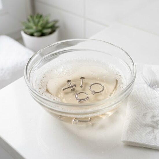 W miseczce leży kilka tytanowych kolczyków