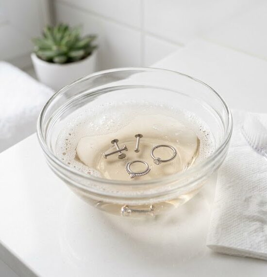 W miseczce leży kilka tytanowych kolczyków