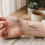 a wewnętrznej stronie nadgarstka widnieje delikatny, bardzo precyzyjny tatuaż w stylu Fineline