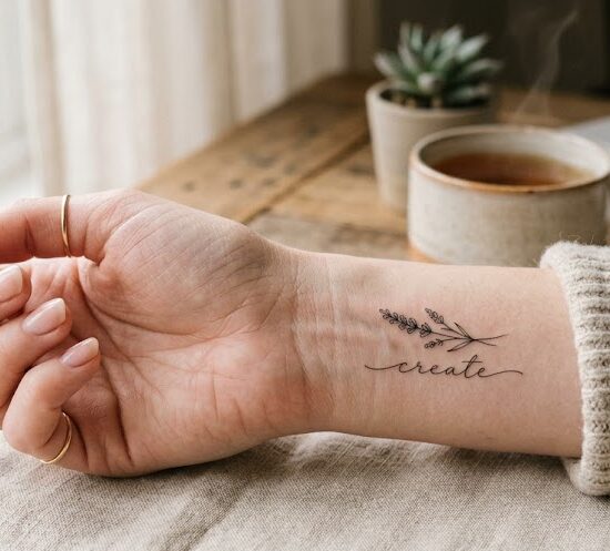 a wewnętrznej stronie nadgarstka widnieje delikatny, bardzo precyzyjny tatuaż w stylu Fineline