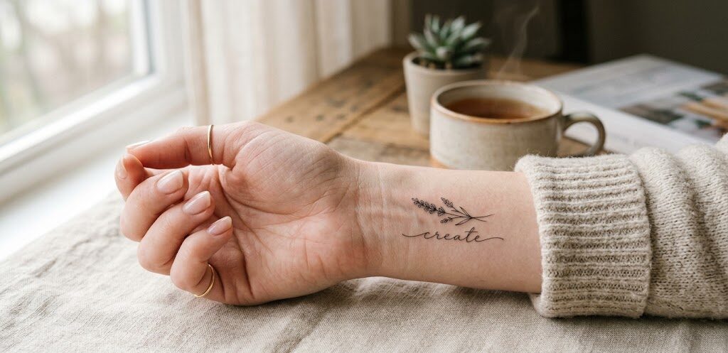 a wewnętrznej stronie nadgarstka widnieje delikatny, bardzo precyzyjny tatuaż w stylu Fineline