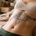 kadr przedstawiający kobiecy brzuch z dużym, symetrycznym tatuażem pod biustem