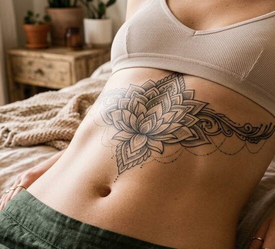 kadr przedstawiający kobiecy brzuch z dużym, symetrycznym tatuażem pod biustem