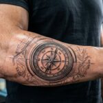 niezwykle precyzyjny, realistyczny tatuaż kompasu w stylu Black & Grey