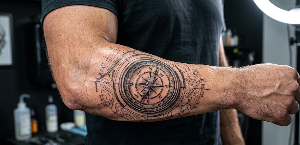 niezwykle precyzyjny, realistyczny tatuaż kompasu w stylu Black & Grey