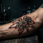 przedramię z hiperrealistycznym tatuażem pająka