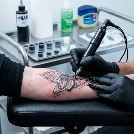 Kadr ukazujący przedramię klienta w trakcie tatuowania.